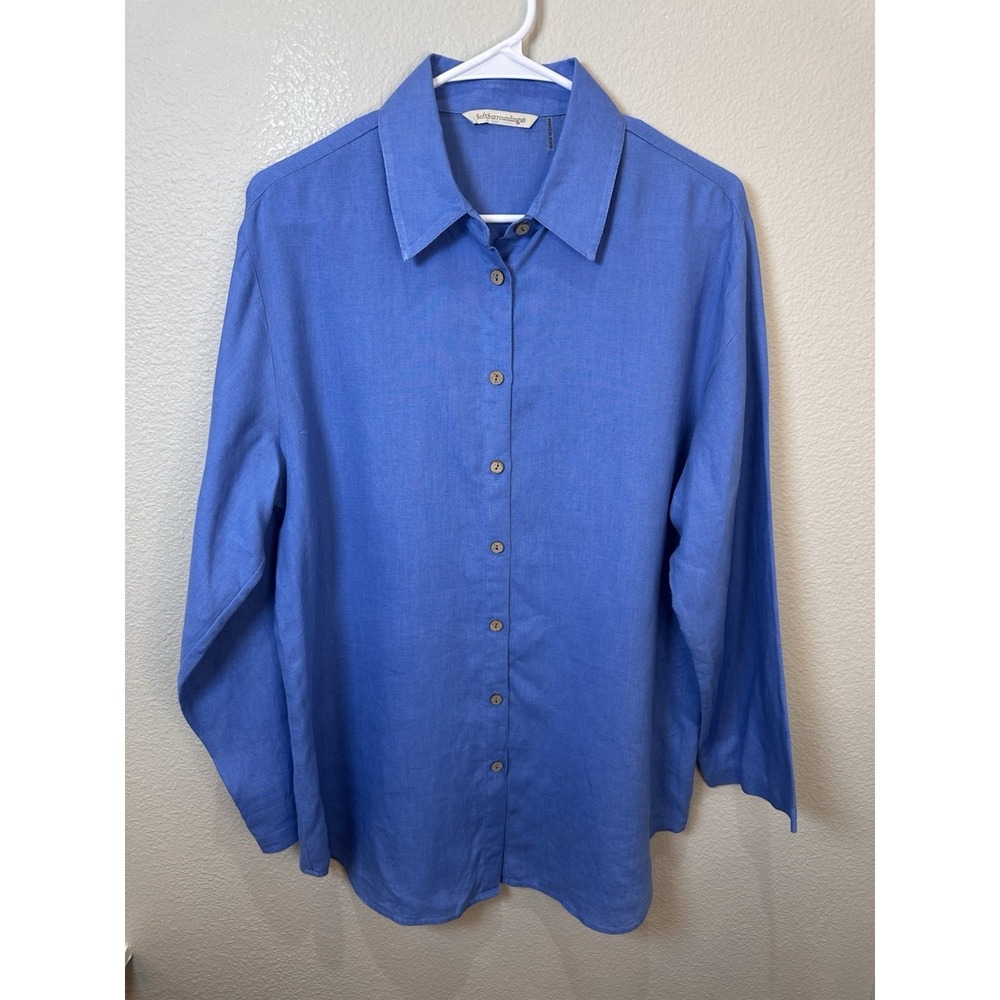 Soft Surroundings Blue Linen Tunic Top M Button Front Relaxed Fit‎ Long Sleeve